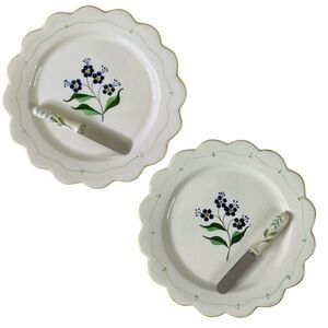 Set 2 SECLA Portugal Hand Painted Floral Dessert/Tea Plates + 2 Cheese Spreaders